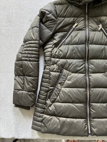 Zara Puffer Jacket TRF Outerwear Full Zip Faux Fur Collar Hood Green Women S - Picture 4 of 19