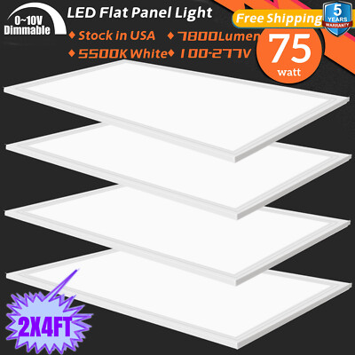 2x4 LED Flat Panel Light Fixture 75 Watt Drop Ceiling Shop Office Lights 4 Pack