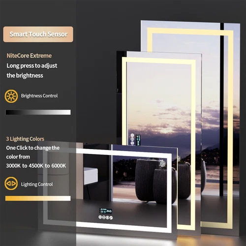 Smart Bathroom Mirror w/ Bluetooth Dual LED Strips Anti-Fog Dimmable Lighting