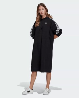 Adidas schwarz Hoodie Oversized Midi Pullover Knie Kleid Uk 10 passt 12 14 M