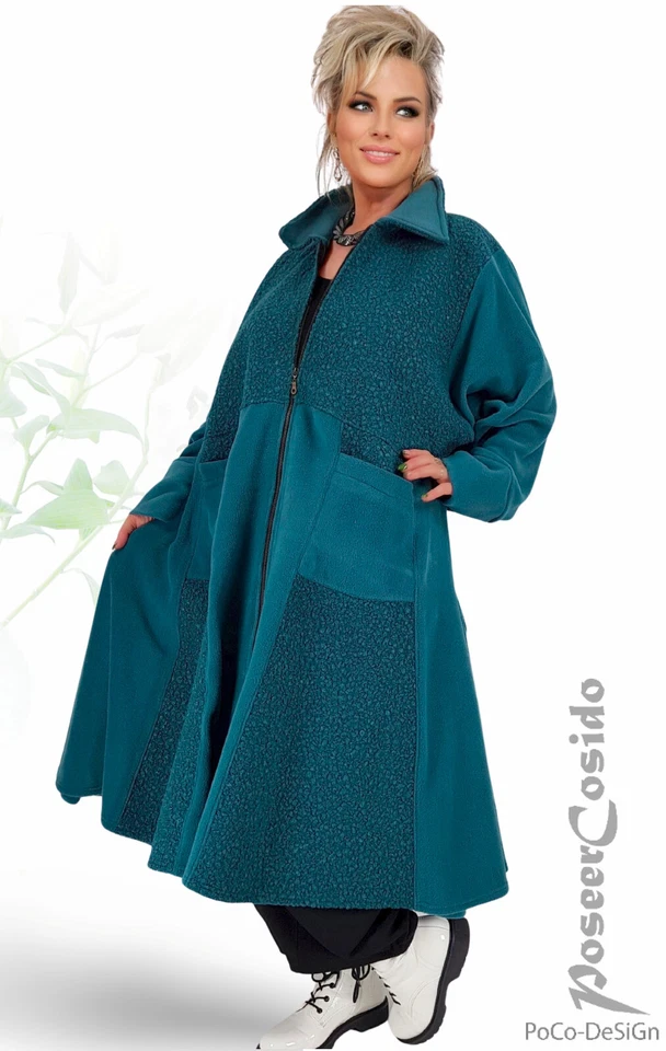 LAGENLOOK Boucle Glocken Mantel petrol / schwarz 48 50 52 54 56 58 XL-XXL-XXXL - Bild 2 von 4