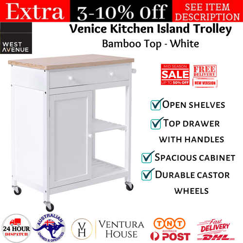Venice Kitchen Island Bench Trolley w/ Bamboo Top 76 x 44 x 86 (approx