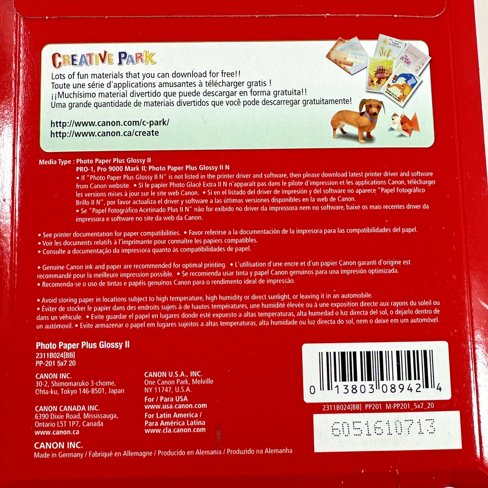 Canon Pixma Photo Paper Plus Glossy II 5" x 7" PP201 inkjet 20 Sheets