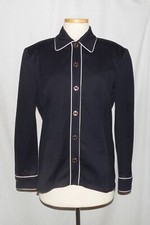 St John Sport Black Stretch Cotton w/Ivory Piping Trim Button Front Jacket M