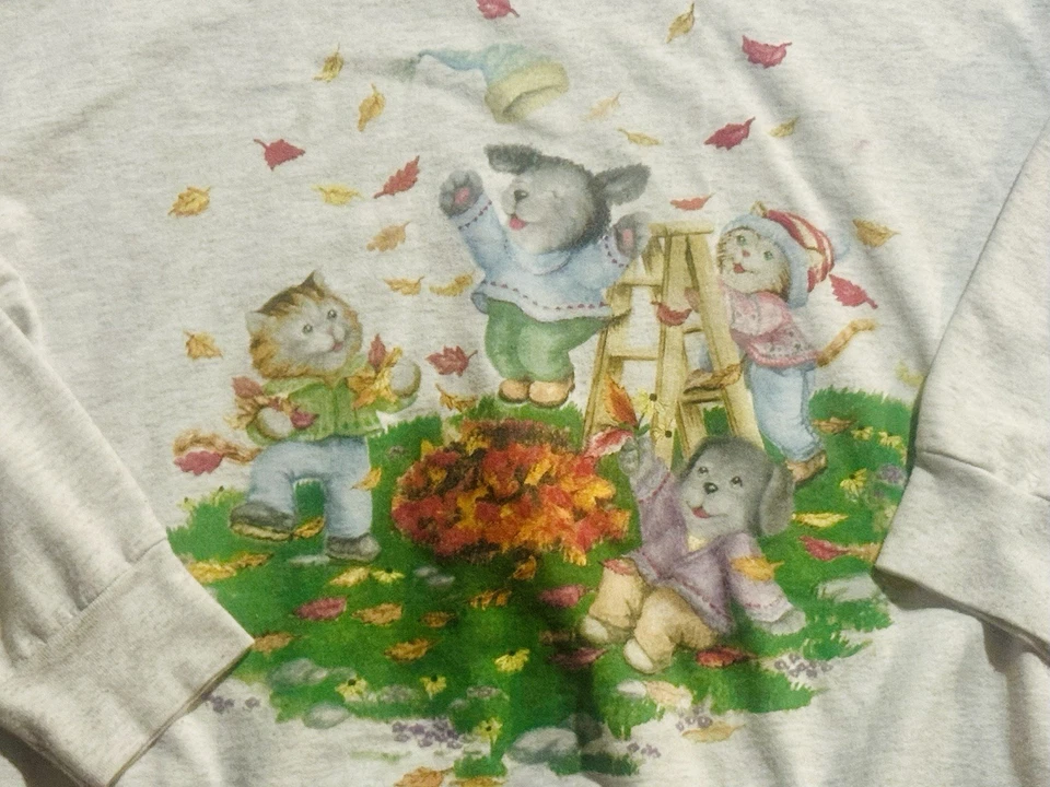 Grandma Core осени Crewneck двойной вырез кошки и собаки в листьях осень большой - Изображение 2 из 3