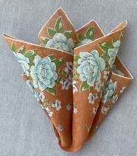 Vintage Brown Blue  White Floral Handkerchief / Pocket Square Hand Rolled 15.5"