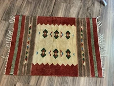 Vintage Turkish Kilim Rug 44”x27” Handwoven Wool  Beautiful Colors Rust Tones