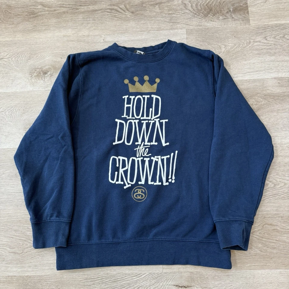 Vintage STUSSY Hold Down Crown Logo Crewneck Sweatshirt Navy Blue Men Medium USA - Image 2 of 4