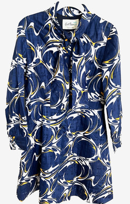 Vintage C'est Bien Long Sleeve Blue Print Short Futaba Dress