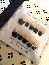 Press-On Nails Black 3D Rhinestone Bow Square...