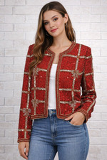 Laurence Kazar Medium Vintage 80s Jacket Silk Beaded Red Bows Geo
