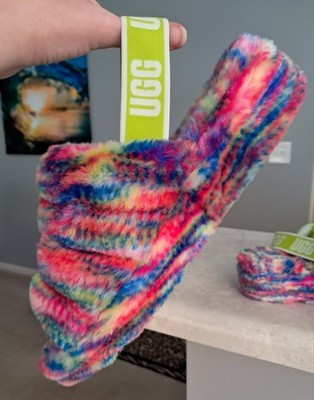 UGG Fluff Yeah Pixelate Rainbow Faux Fur Slippers Women's Size 10 