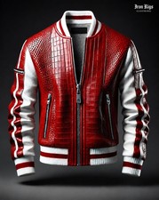 Men's Red Crocodile Texture Leather Varsity Bomber Jacket