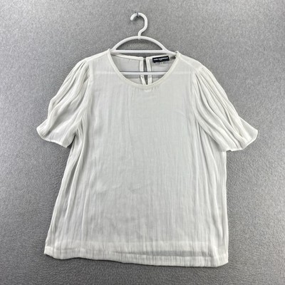 Karl Lagerfeld Paris L Ivory Pleated Sleeve Blouse Short Sleeve Round Neck Woven