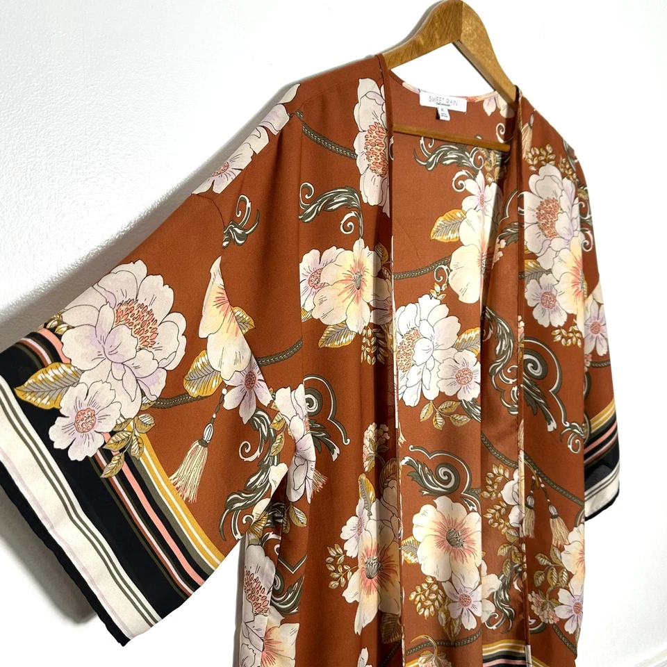 Cárdigan Kimono Sweet Rain Para Mujer XL Marrón Floral Boho Frente Abierto Ligero Foto 3 de 4