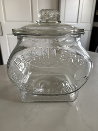 PLANTERS Salted Peanuts Glass Counter Jar Football Shape W/ Peanut Lid Vintage 