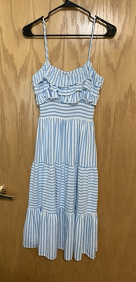 #ad Aqua long turquoise and white striped dress with ruffles size S rayon $20.00