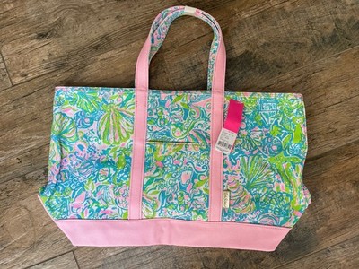 NWT Lilly Pulitzer Mercato Zip Canvas Tote Ocean Reef Club Pink Green Blue