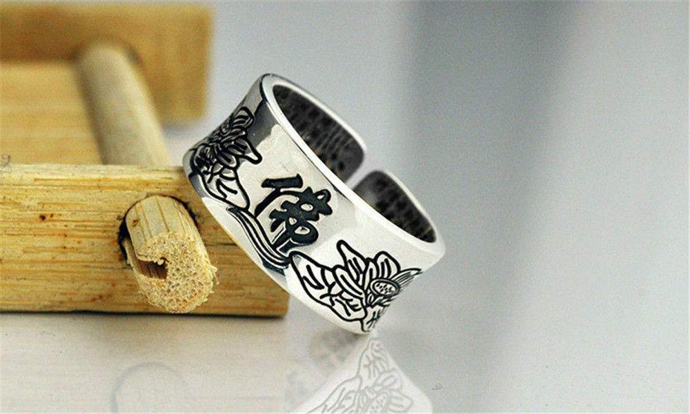 Bague spirituelle en argent 999 Sutra du Bouddha, cadeau de protection unique
