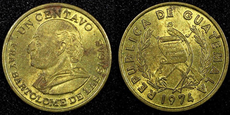 Guatemala Bartolome de las Casas Brass 1974 1 Centavo aUNC KM# 275.1  (24 469)