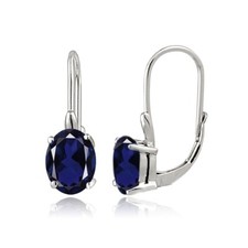 Sterling Silver Created Blue Sapphire 8x6mm Oval Leverback Earrings