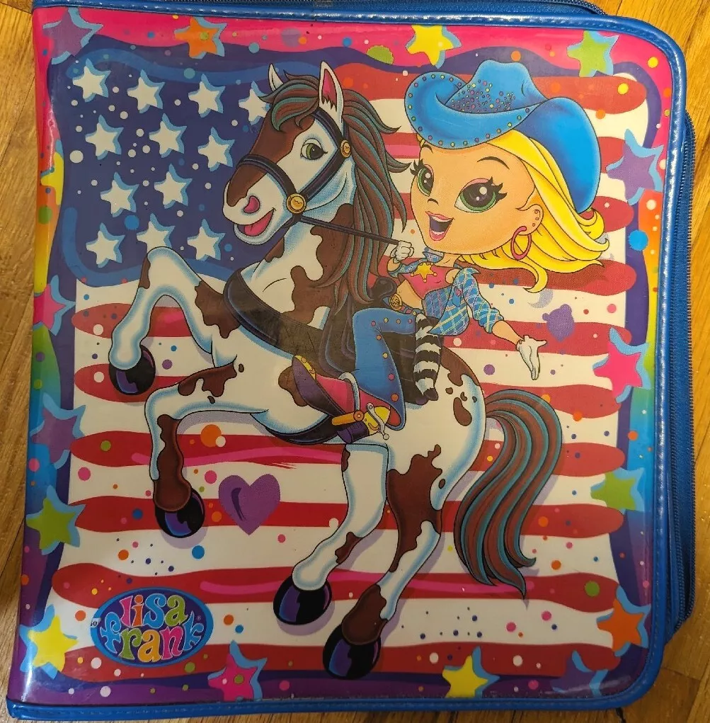 Lisa Frank Binder Cowgirl Horse 3 Ring Zip Around American Flag.