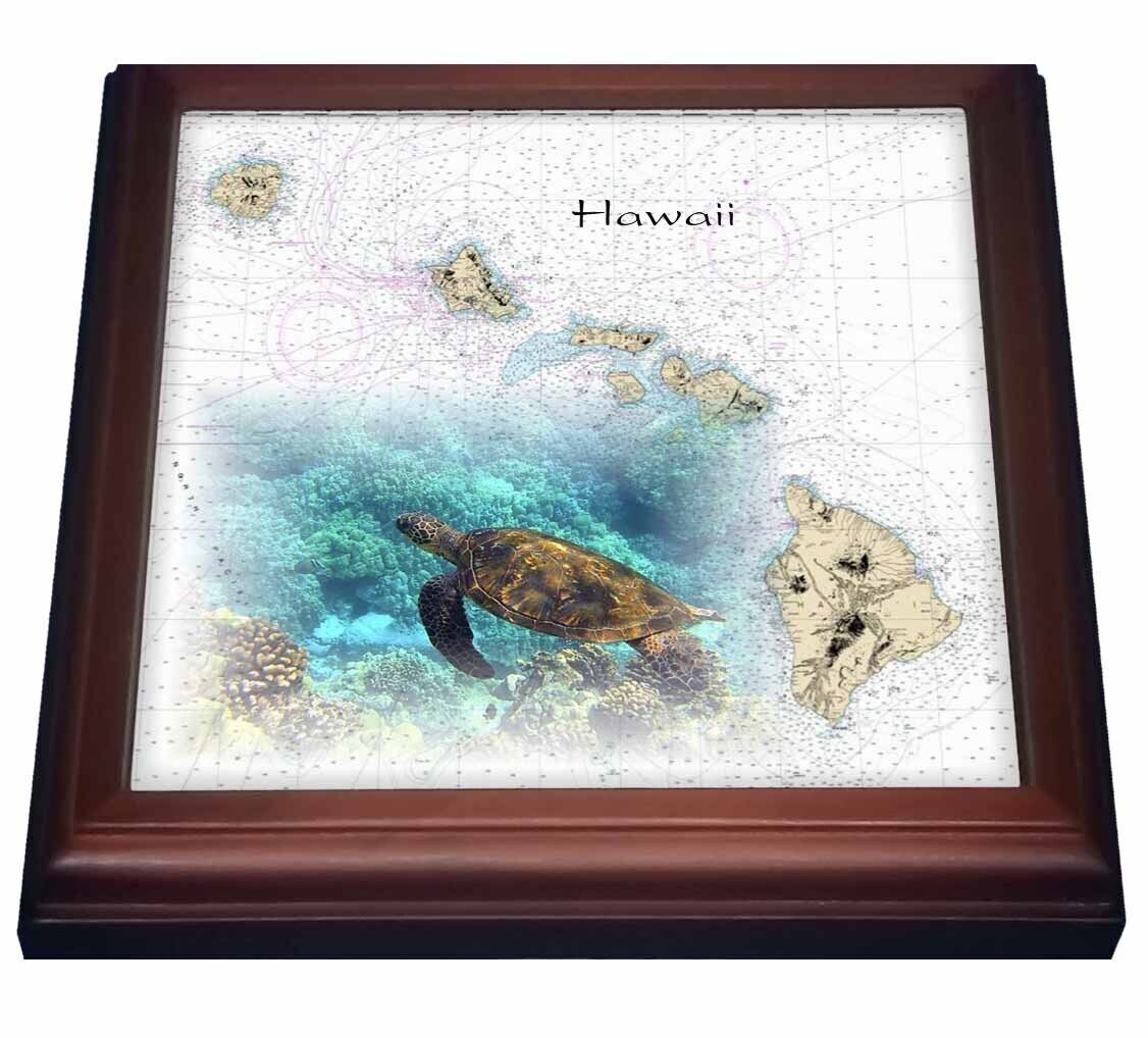 3dRose Print of Hawaiian Islands Chart With Sea Turtle 8x8 Trivet with 6x6 ceram