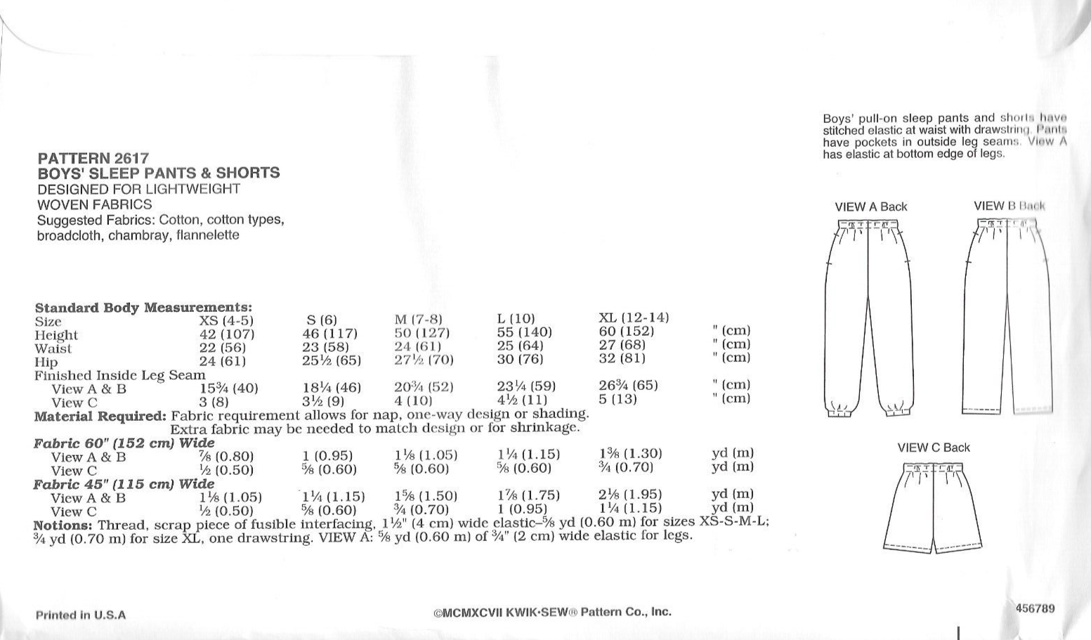 Uncut Kwik Sew Sewing Pattern 2617 Boys Sleep Pants and Shorts Size XS