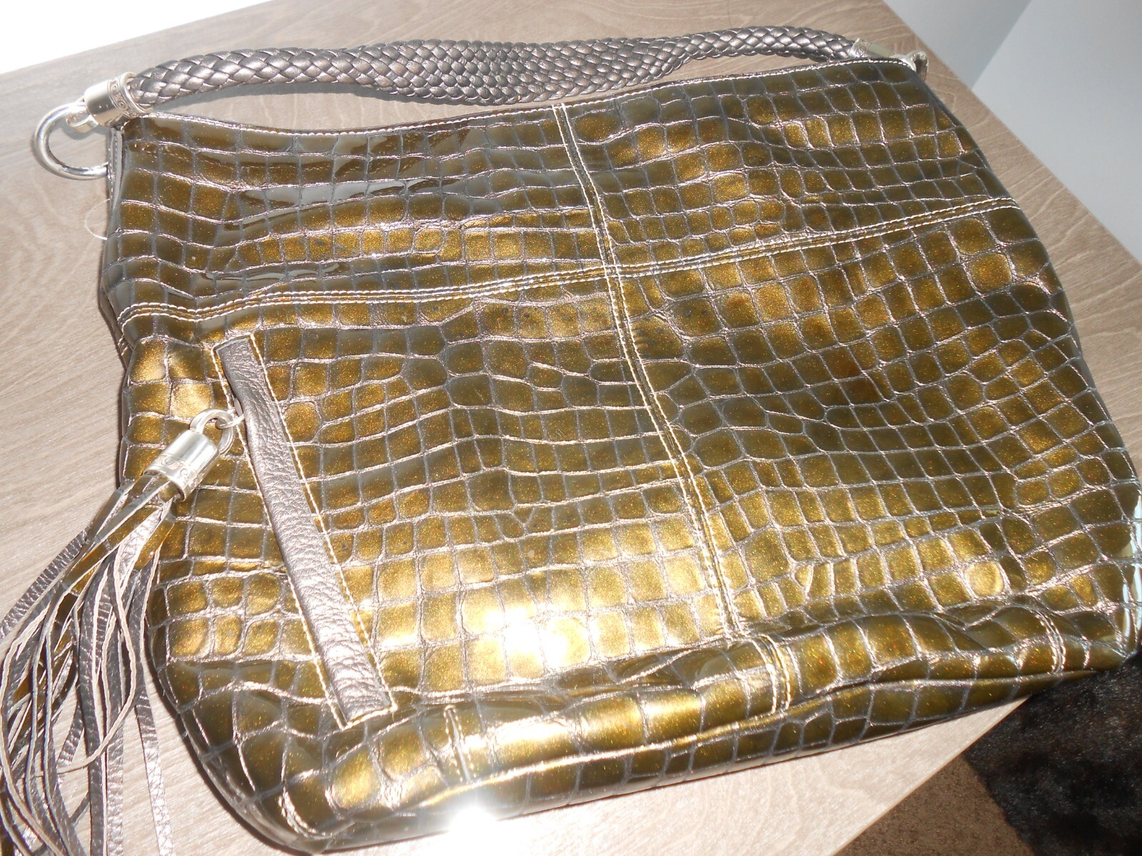 Sac à Main Vintage Brighton En Cuir Croco Noir - Sangle Longue Ajustable - Quincaillerie Argentée