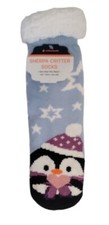 Sherpa Lined Non-Slip Women's Lt. Blue Penguin Theme Slipper Socks - One Size