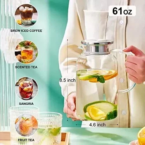 Glass Pitcher with Lid Hot& Cold Glass Water Pitcher with Handle Iced Tea Pit... - Picture 3 of 3