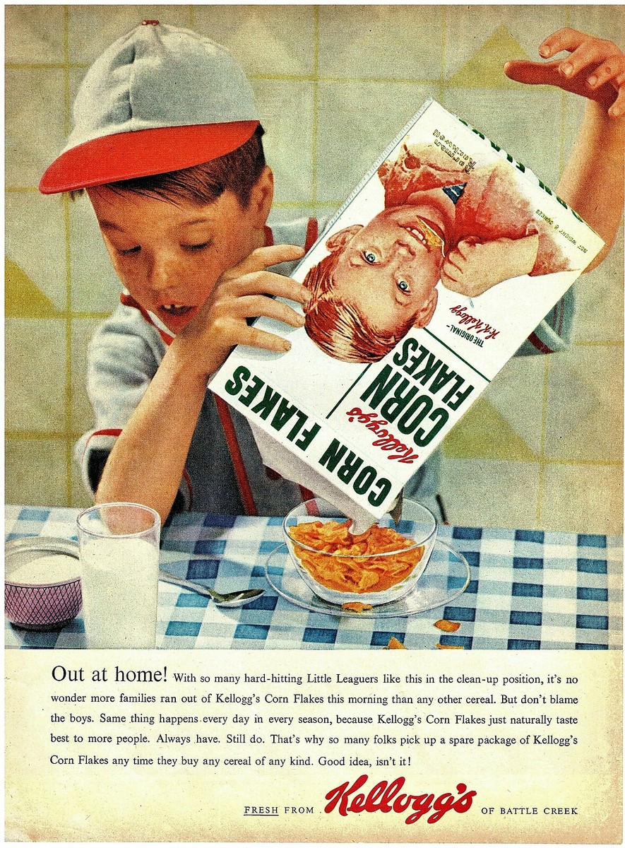 Magazine ad cereal, Kellogg's Corn Flakes, “Out at Home”, Norman