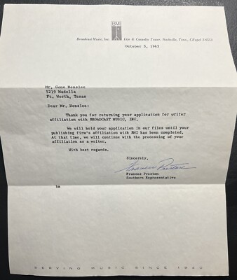 BMI Broadcast Music Inc Hand Signed Letter 1963 Gene Henslee Singer Letter