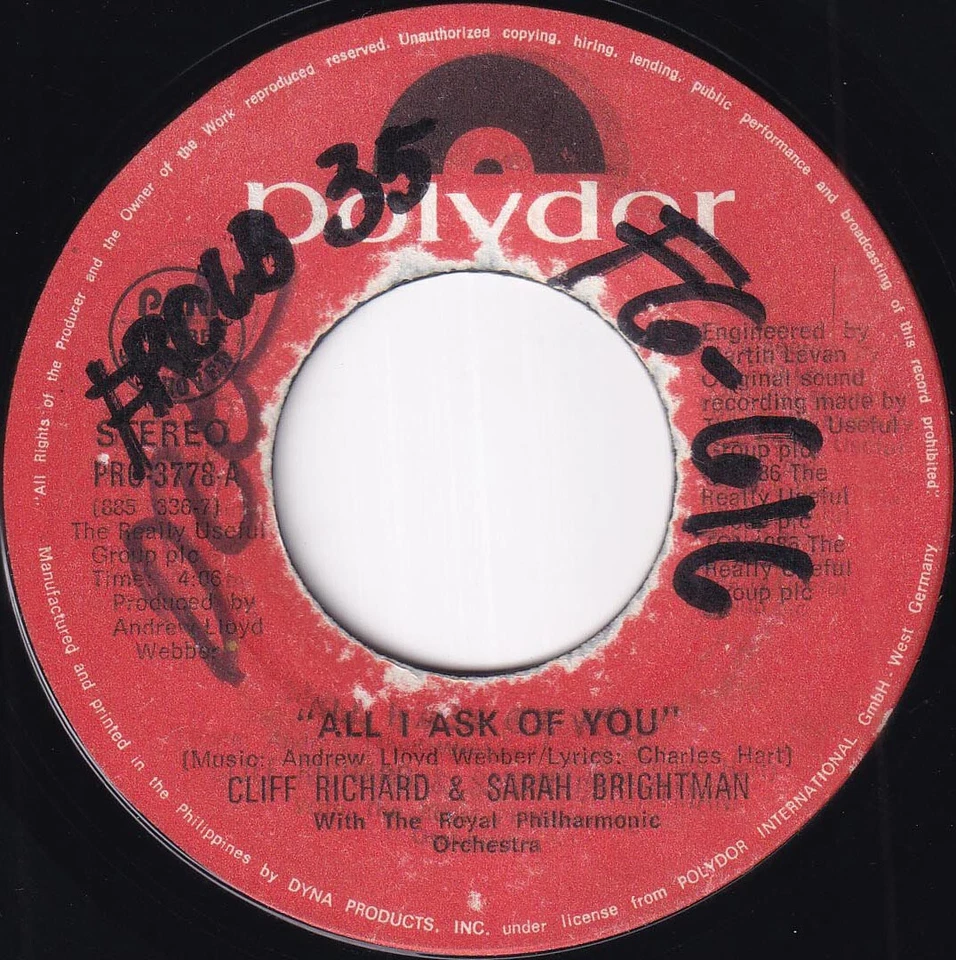 Philippines CLIFF RICHARD & SARAH BRIGHTMAN All I Ask Of You 45 rpm Vinyl Record - Image 2 of 4