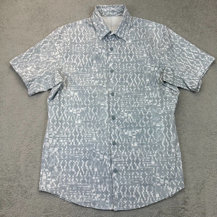 Lululemon Mens M Airing Easy Button Up Short Sleeve Shirt Lightweight Gray Print