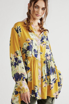 NEW XS Free People Brunch A Bunch Tunic Shirt Floral Print Yellow-Gold Shirt