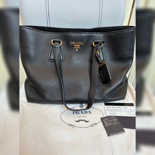 Prada 1BG043 Vitello Phenix Leather Tote Bag Black Gold Hardware Shopper Purse