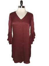 CALVIN KLEIN Size 8 Shift Dress Wine Red 3/4 Sleeve Shiny Houndstooth