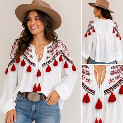 Zara Trafaluc White Embroidered Tassel Boho Peasant Blouse Top Small Womens