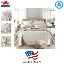 Beige Tropical Palm Tree Queen Size Quilt Set Soft Cotton Bedspread Coverlet ...