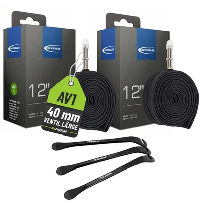 2x Schwalbe Fahrrad Schlauch AV1 gerade 40mm 12 Zoll 47/62-203 mit Reifenheber
