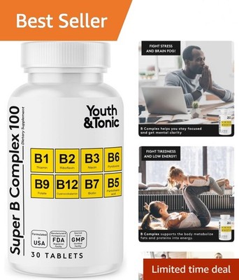 Super B Complex Vitamins: Boost Energy & Support Brain Health - 30 Count Tablets