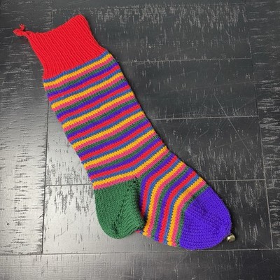 Handmade Knit Christmas Stocking Rainbow Stripes Stocking 26  Stripe Gum 70s??