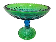 VTG Jeanette Glass Pedestal Compote Bowl Green Blue Footed Candy Dish Beaded Rim