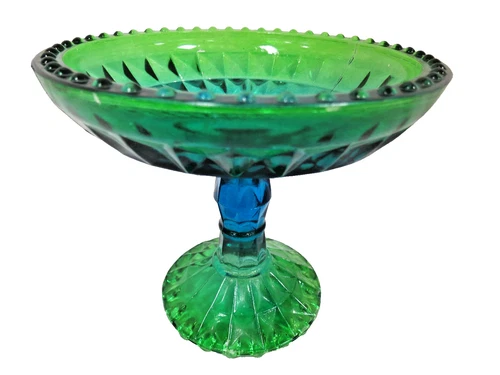 VTG Jeanette Glass Pedestal Compote Bowl Green Blue Footed Candy Dish Beaded Rim