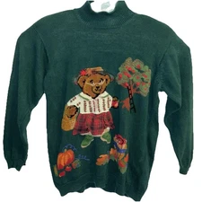 Vtg 93 Susan Bristol L Halloween Fall Sweater Embroidered Teddy Bear 3D D