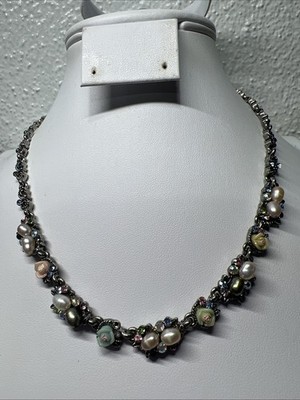Cookie Lee freshwater pearl  necklace Rhinestone Silver Tone 18 