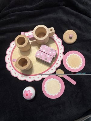 Girls  Pink Mooshka Wooden Tea Party Set 12 PCs Teapot Cups Plates Tray Cake