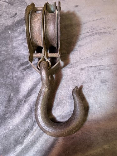 Antique Cast Iron Double Pulley Block Hook Patented Farm Barn Tool
