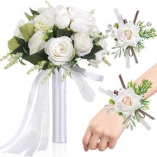 BINSUNS Wedding Bouquets for Bride Bridesmaid, 7.5''W Bridal Bouquets with Iv...